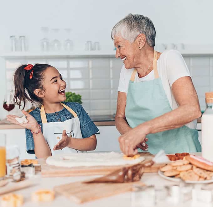 Grandma and granddaughter baking together